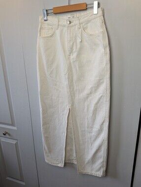 MANGO Long Maxi Women Skirt Cream Color Size Small 100% Cotton Front Slit